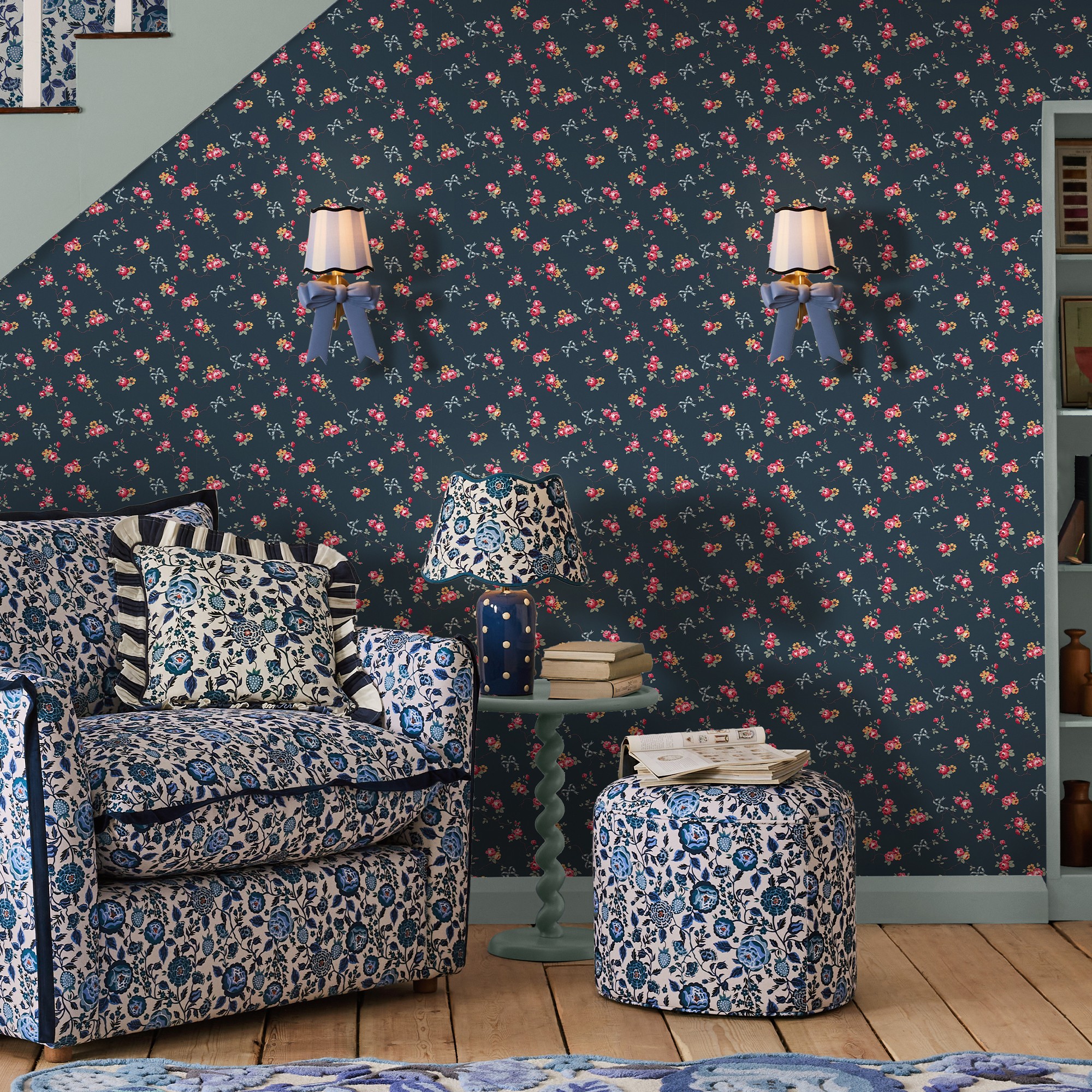 Rose And Bows Wallpaper 125512 By Cath Kidston In Navy Blue